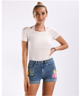 Jeansshorts mit Vintage-Blumendruck